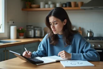Jeune femme vérifiant une conversion lb en kg dans sa cuisine