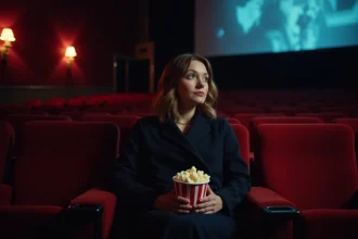 Femme seule dans une salle de cinéma regardant un film, ambiance feutrée et sièges en velours rouge