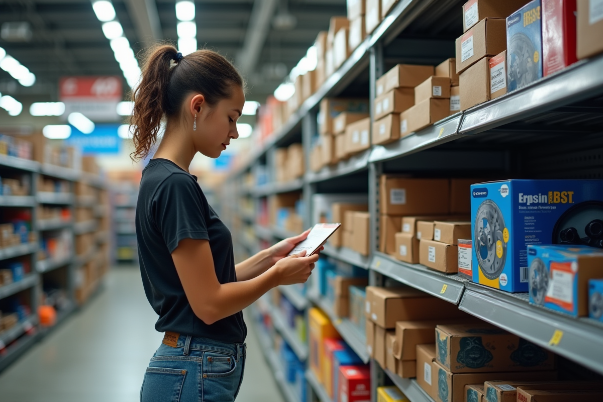 Jeune femme comparant prix de disques de frein en magasin