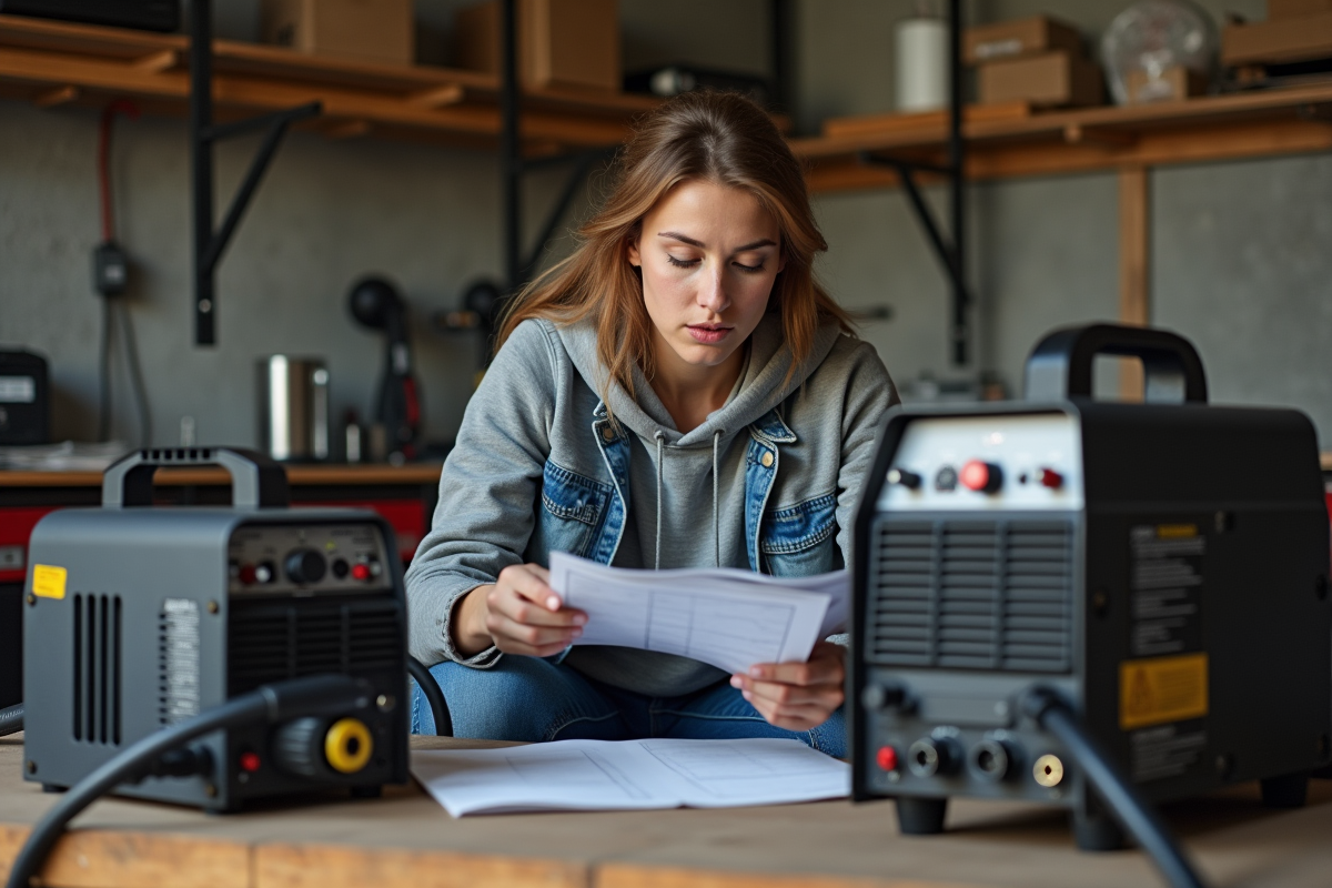 Jeune femme comparant deux machines à souder dans un garage