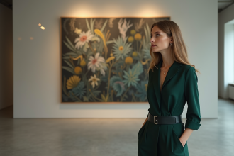 Femme élégante en vert dans une galerie d'art moderne