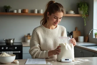 Jeune femme en cuisine vérifiant une balance de cuisson