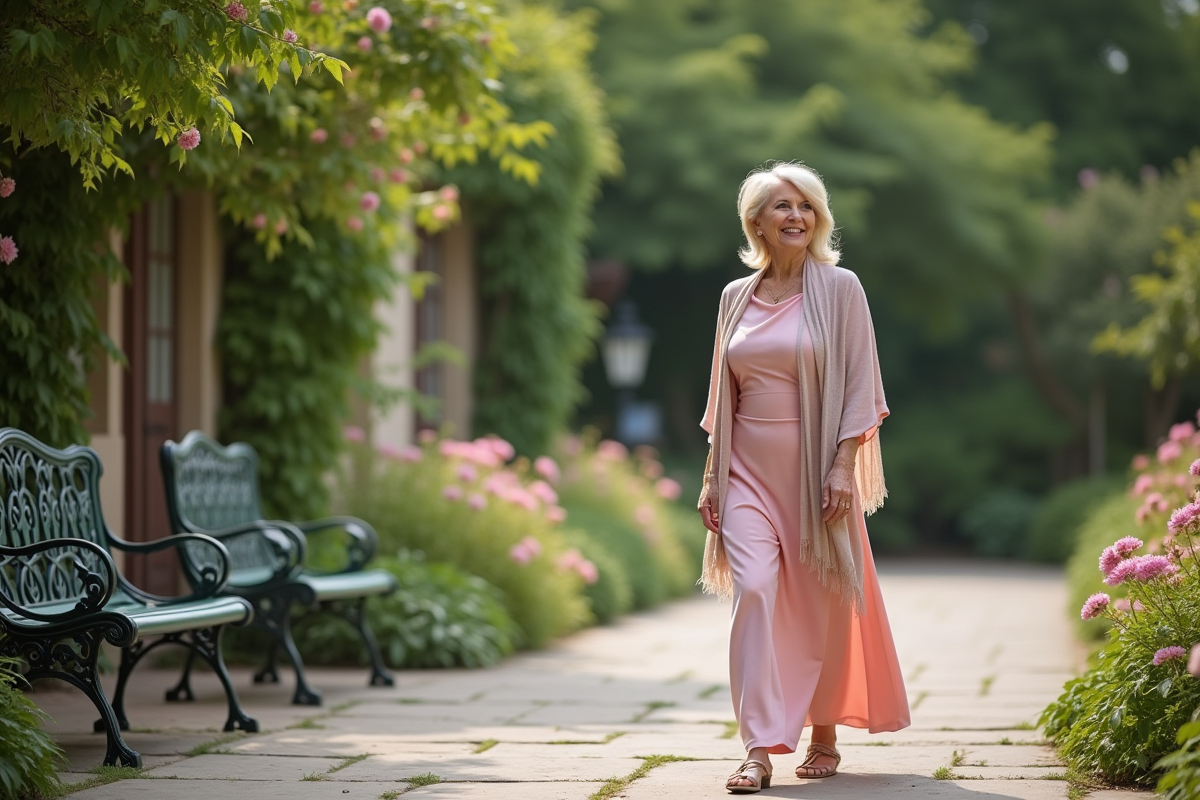 Femme mature marchant dans un jardin luxuriant en robe longue