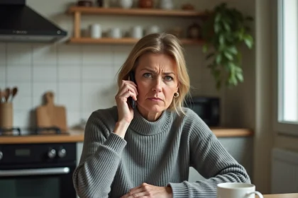 Femme agacée recevant un appel téléphonique non sollicité de démarchage sur son smartphone dans sa cuisine