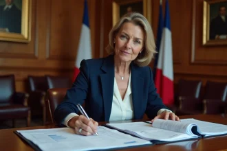 Femme dirigeante en costume marine consultantdes documents financiers dans une salle de réunion institutionnelle française