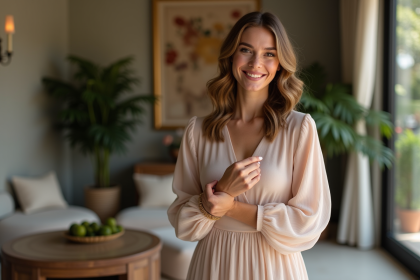 Femme élégante en robe midi fluide et manches transparentes