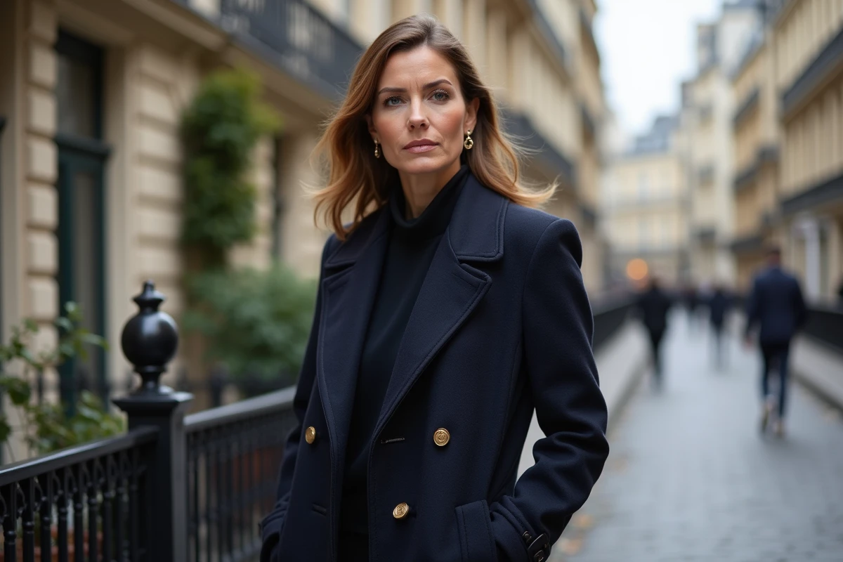 Femme élégante sur un trottoir parisien en manteau marine, expression réservée évoquant le mystère sur l'âge