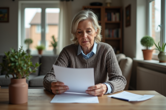 Femme d'âge moyen étudie documents d'impôts logement