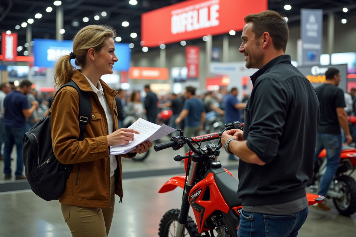 Femme discutant avec vendeur à l expo moto KX 125