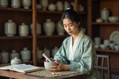 Jeune femme asiatique en hanfu moulant grinding des herbes