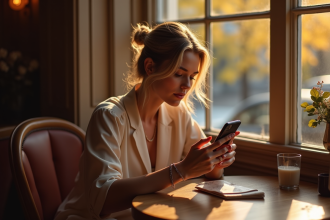 Femme élégante lisant son horoscope au café en automne