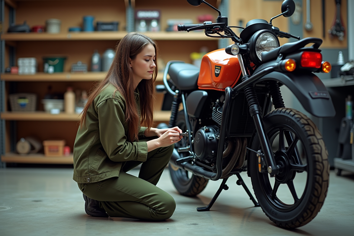 Femme vérifiant la chaîne de la moto dans un garage