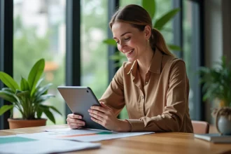 Femme d'affaires regardant des graphiques d'investissement durable