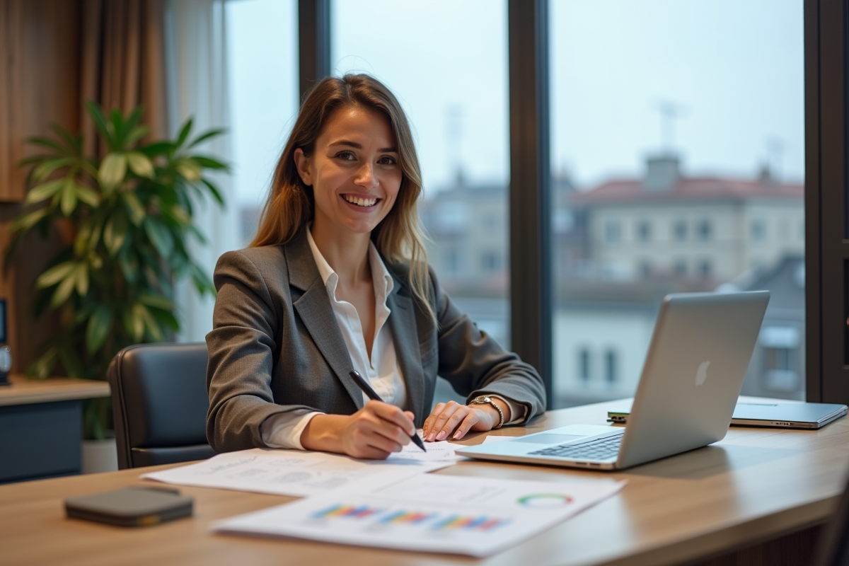 Femme confiante en bureau moderne pour article finance