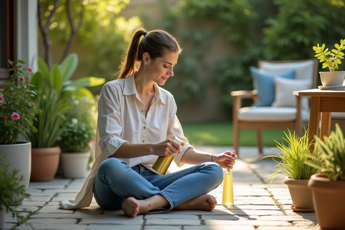 Jeune femme appliquant un spray naturel sur des plantes en jardin