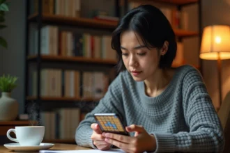 Femme jouant à un jeu de puzzle de mots sur smartphone avec 9 lettres à deviner