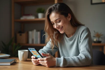 Jeune femme jouant au jeu 4 images 1 mot sur smartphone, cherchant un mot de 8 lettres