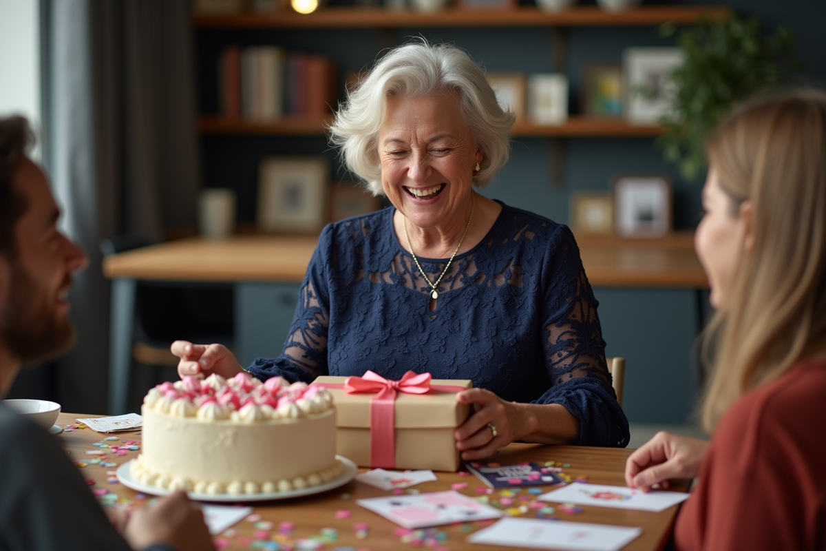 Femme souriante en robe navyblue lors d'une fête d'anniversaire