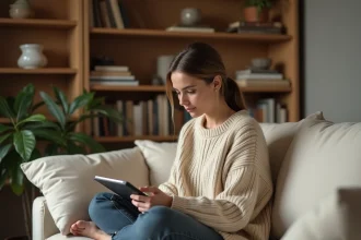 Femme lisant un ebook sur tablette assise dans un salon cosy avec bibliothèque en arrière-plan