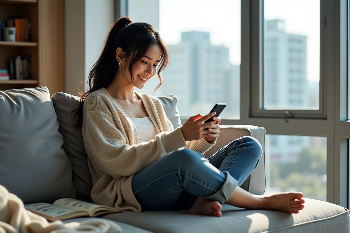 Femme souriante lisant manga sur smartphone dans un salon lumineux