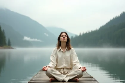 Femme en méditation assise sur un ponton en bois au bord d'un lac de montagne brumeux, illustrant la paix intérieure et la sérénité