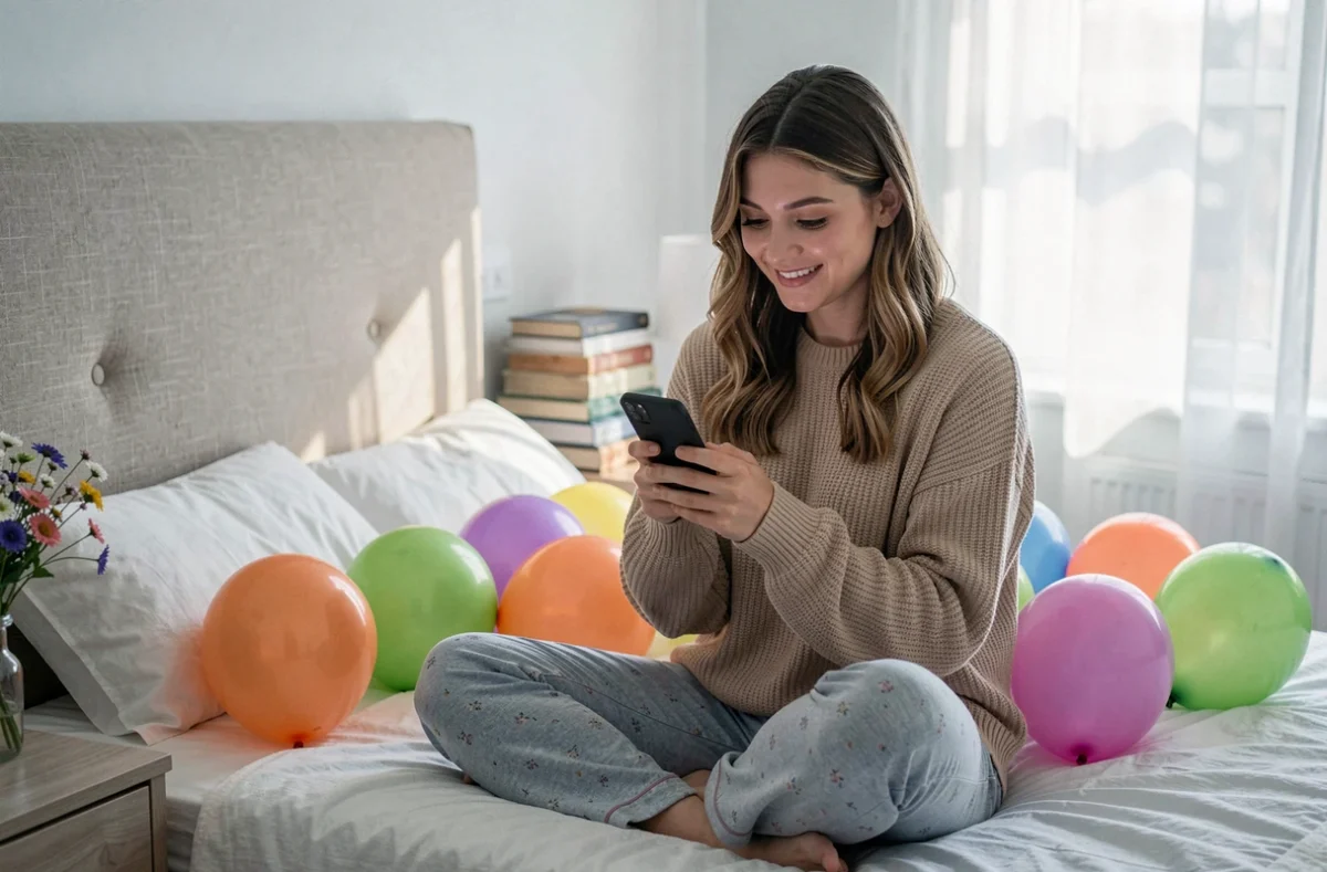 Jeune femme souriante lisant un message d'anniversaire sur son téléphone entourée de ballons colorés dans sa chambre