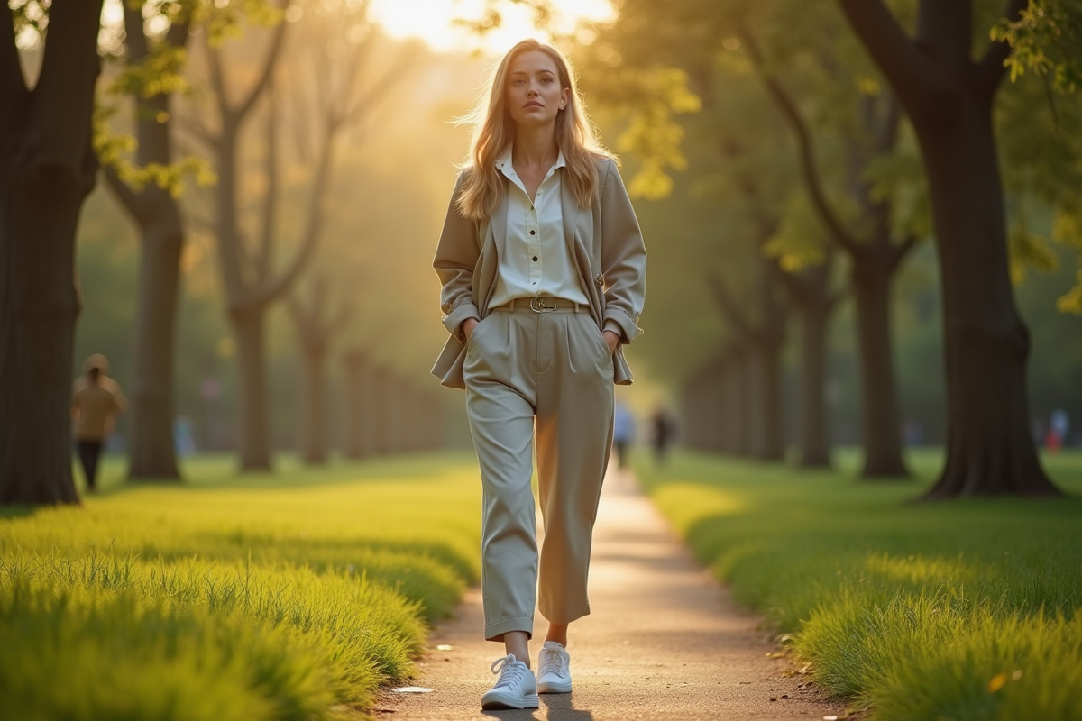 Femme stylée marchant dans un parc urbain ensoleille avec sneakers blanches