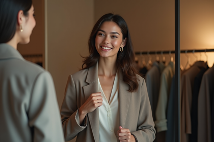 Femme souriante ajustant un blazer dans une boutique élégante