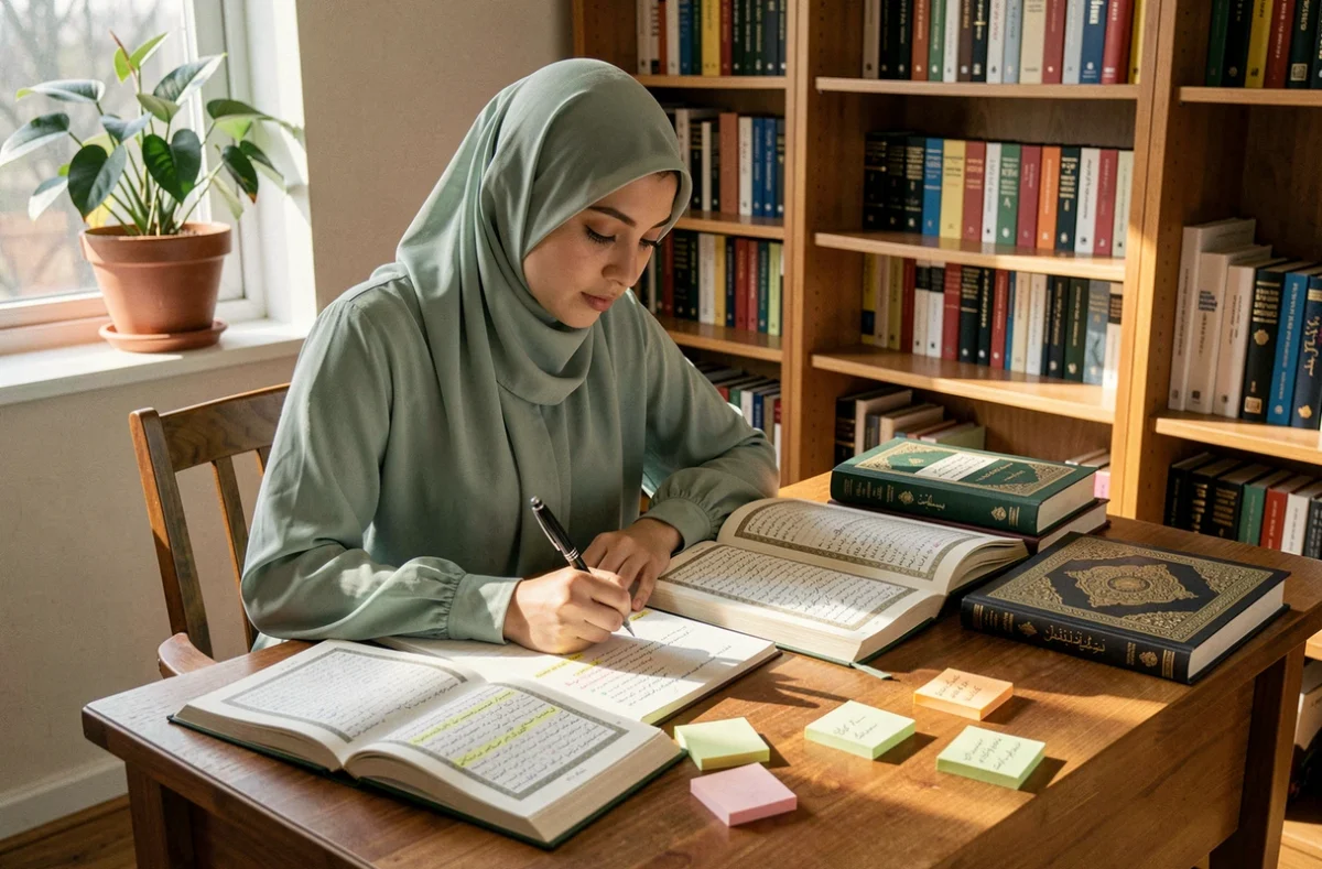 Jeune femme musulmane prenant des notes sur le tafsir des versets de la Baqara entourée de livres islamiques
