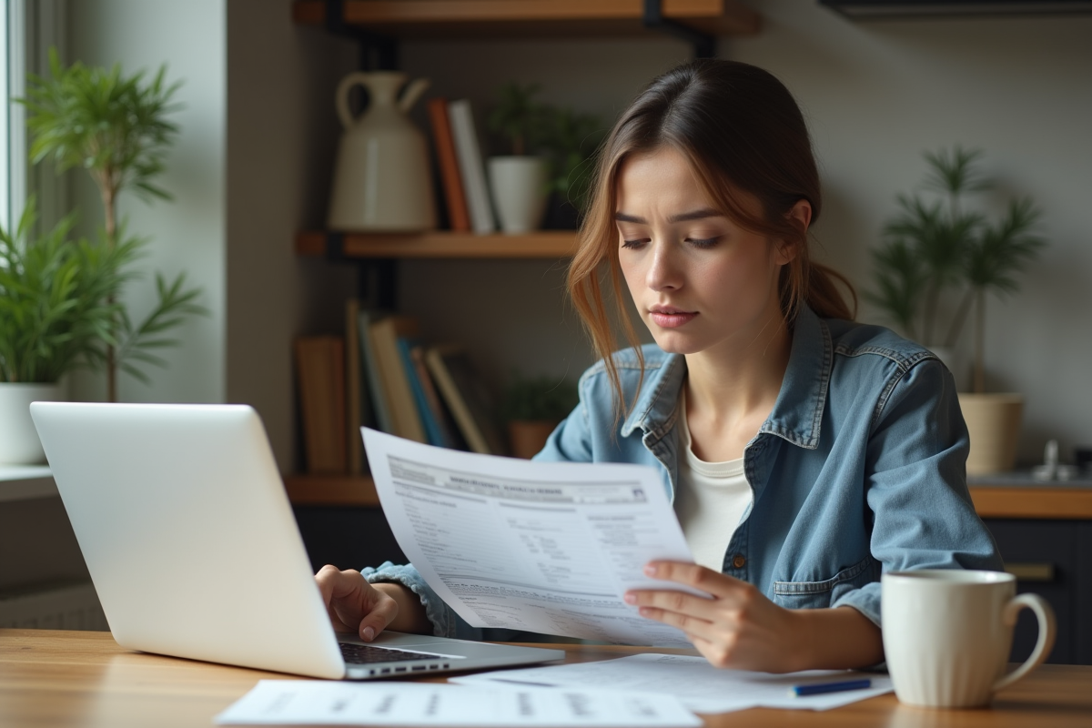 Jeune femme vérifiant ses finances à la maison