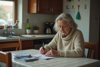Femme d'âge moyen organise ses finances dans la cuisine