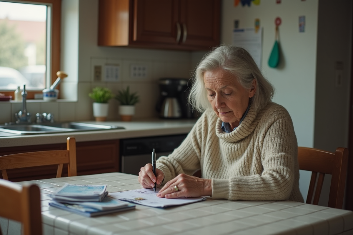 Femme d'âge moyen organise ses finances dans la cuisine