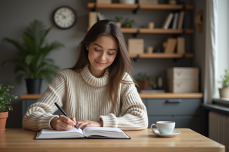 Femme concentrée écrivant dans son planner à la maison