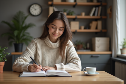 Femme concentrée écrivant dans son planner à la maison