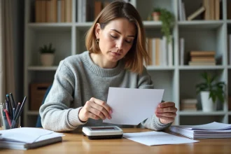 Femme pesant une enveloppe sur une balance postale pour calculer le bon timbre