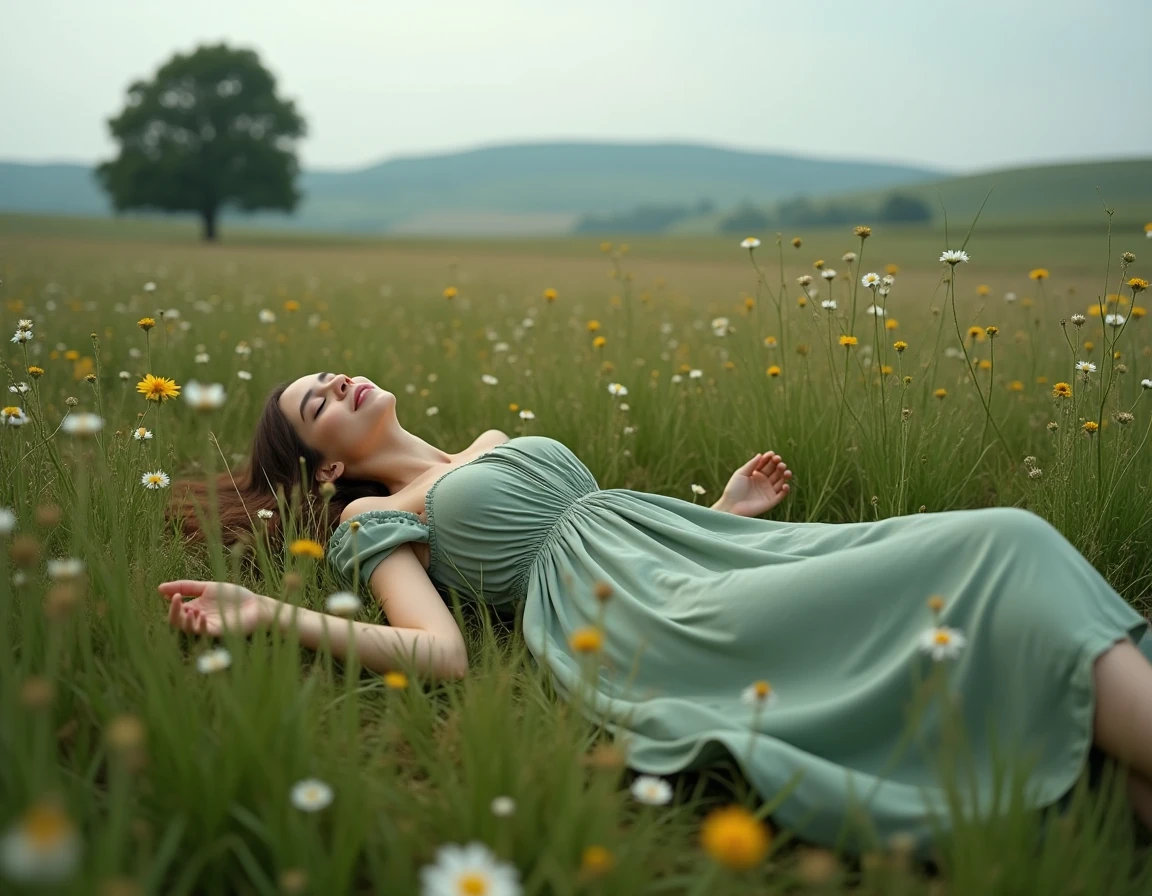 Jeune femme allongée dans une prairie fleurie les yeux fermés, évoquant la sérénité, la paix intérieure et la connexion à la nature