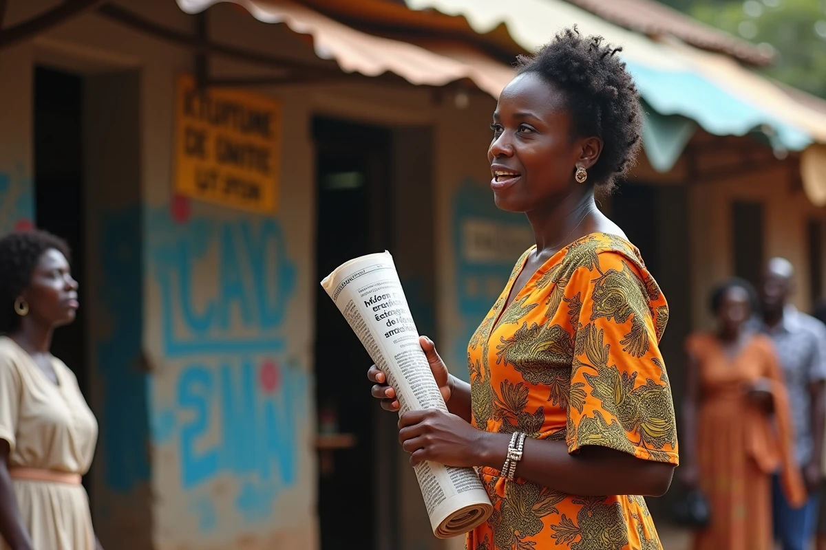 Femme congolaise distribuant un journal indépendant dans un marché urbain, illustrant le rôle de la presse libre au Congo