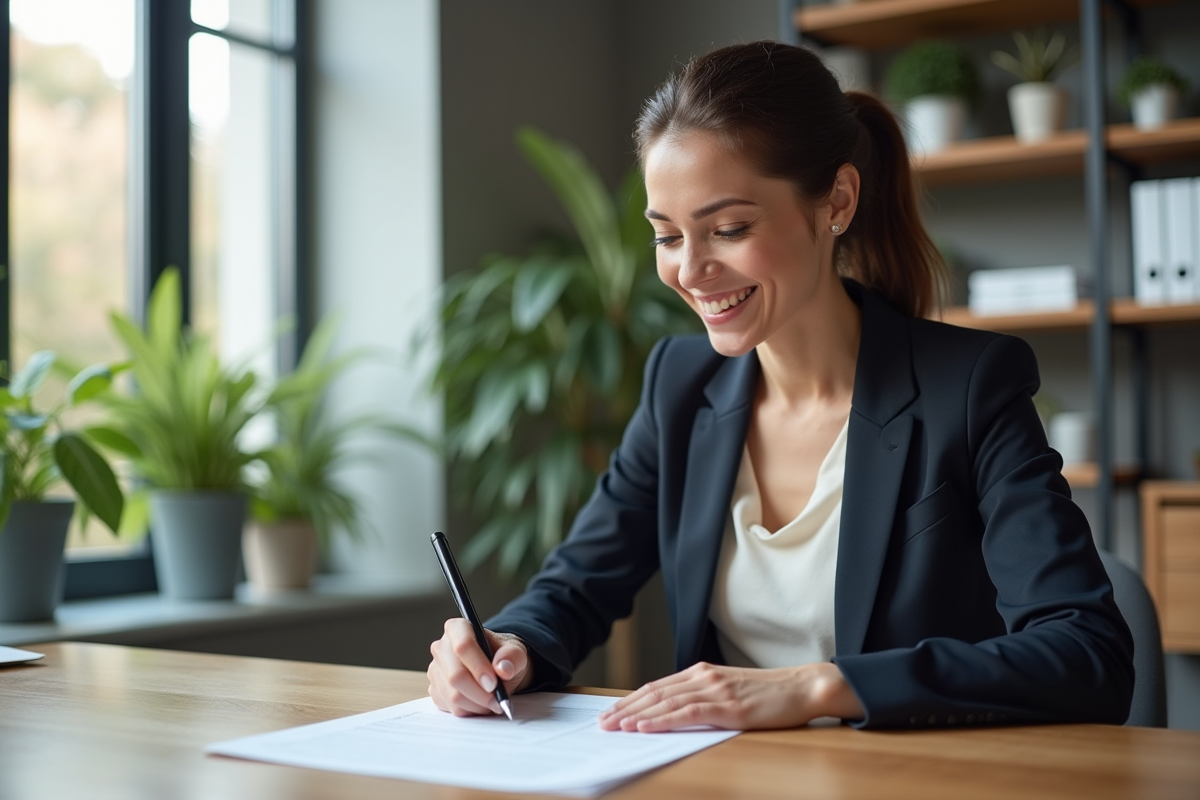 Femme professionnelle en blazer examine des documents de prêt immobilier