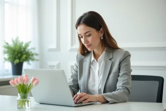 Femme professionnelle envoyant un email de vœux de Pâques depuis son bureau avec des tulipes pastel