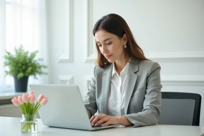 Femme professionnelle envoyant un email de vœux de Pâques depuis son bureau avec des tulipes pastel