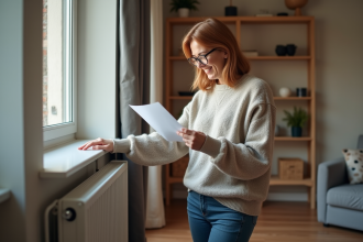 Femme souriante touchant un radiateur électrique moderne