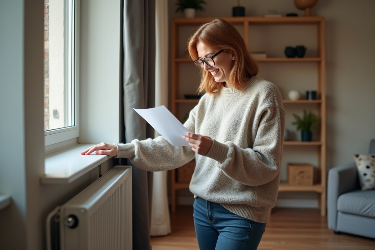 Femme souriante touchant un radiateur électrique moderne