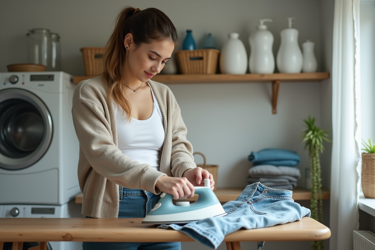Femme repassant un vêtement en seconde main dans une buanderie lumineuse