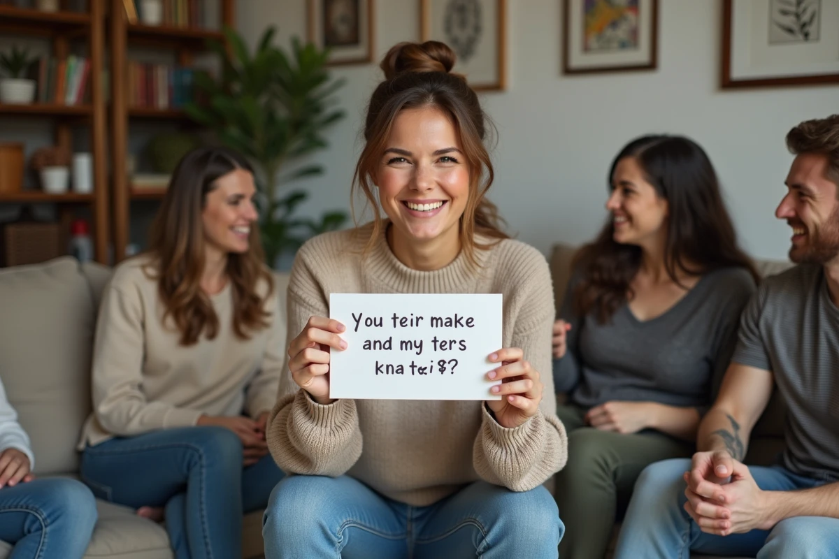 Femme souriante tenant une carte de blague à la maison