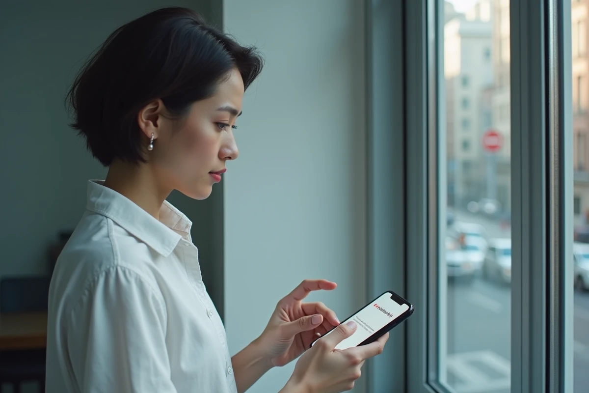 Femme consultant son smartphone face à une erreur de connexion pour trouver une alternative à un site inaccessible