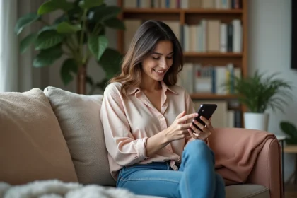Femme souriante utilisant son smartphone dans un salon cosy