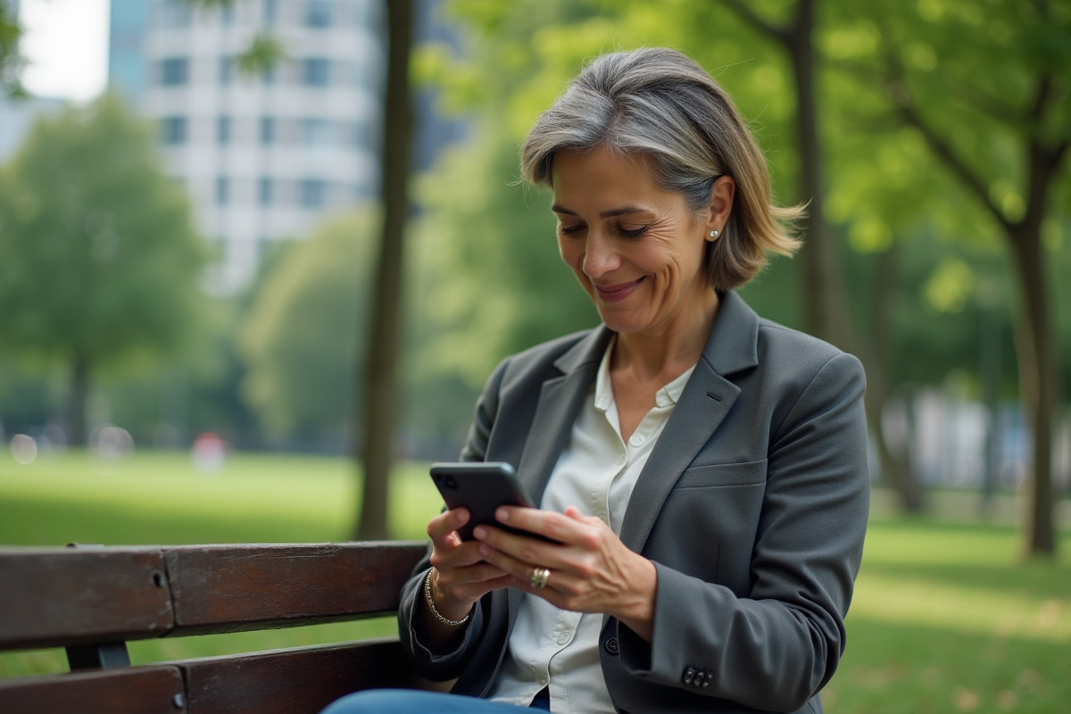 Femme d age moyen utilise smartphone pour transfert blockchain
