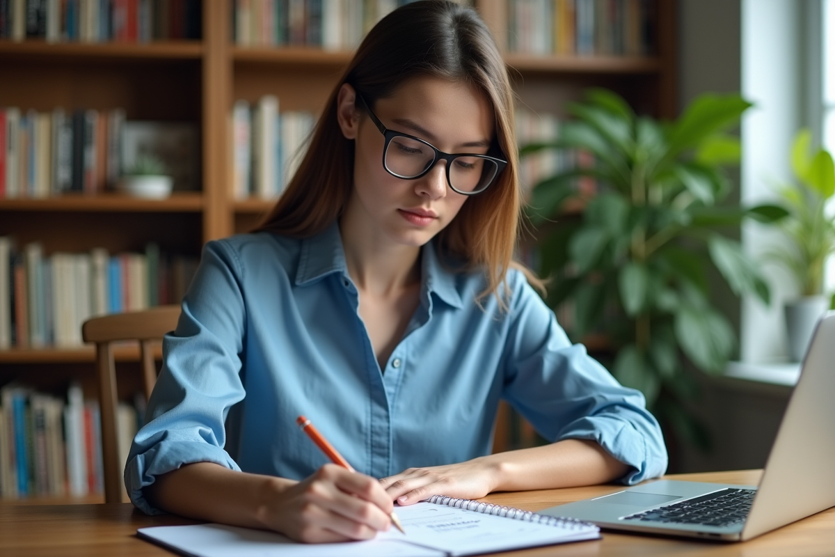 Jeune femme concentrée écrivant dans un carnet d