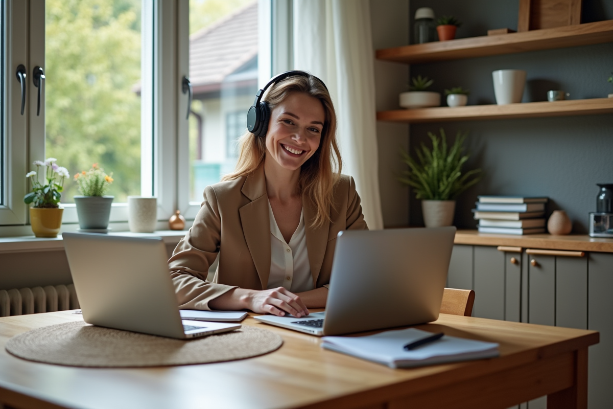Jeune femme en visioconference à la maison avec ordinateur