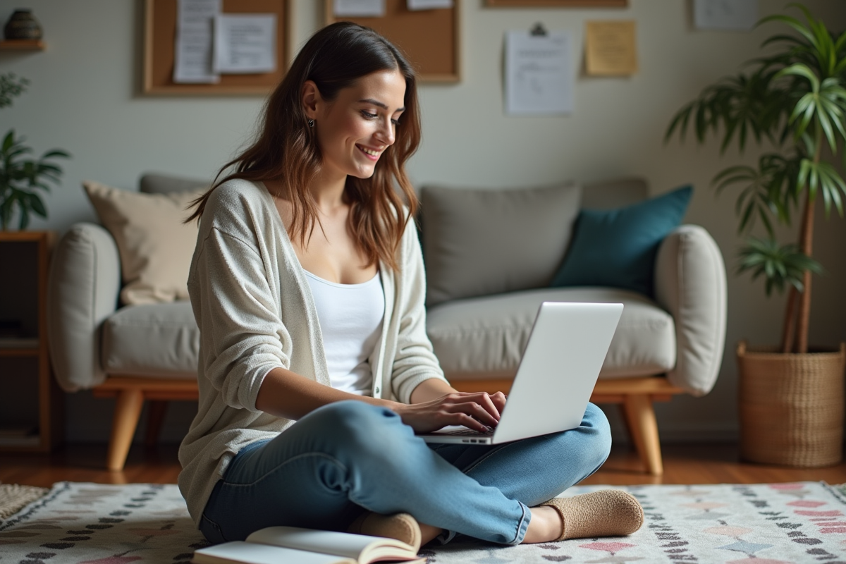 Femme concentrée travaillant chez elle sur son ordinateur
